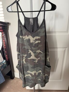 Camo Spaghetti Strap Pocket Tank Dress - Green & Brown